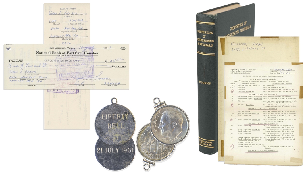 Lot of Gus Grissom Personally Owned Items -- Includes Check Signed, Engineering Textbook With Grissom's Ownership Signature, and Dime Flown on MR4 -- With Steve Zarelli and Grissom Family COAs